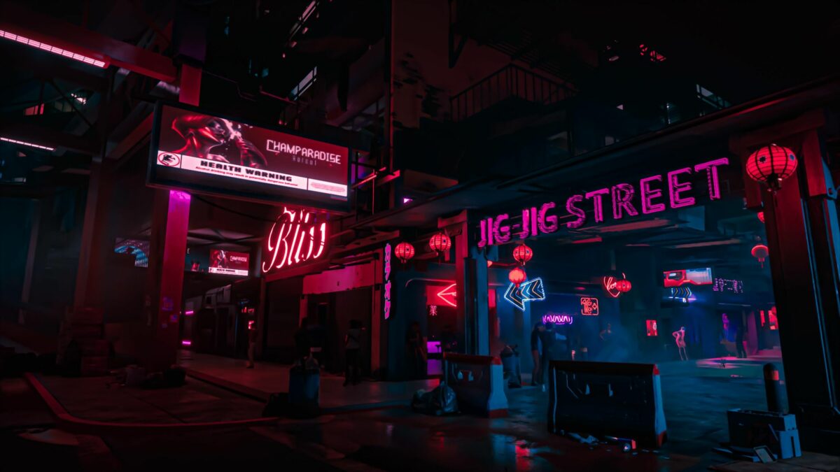 Ruelle urbaine illuminee par des enseignes neon, ambiance cyberpunk